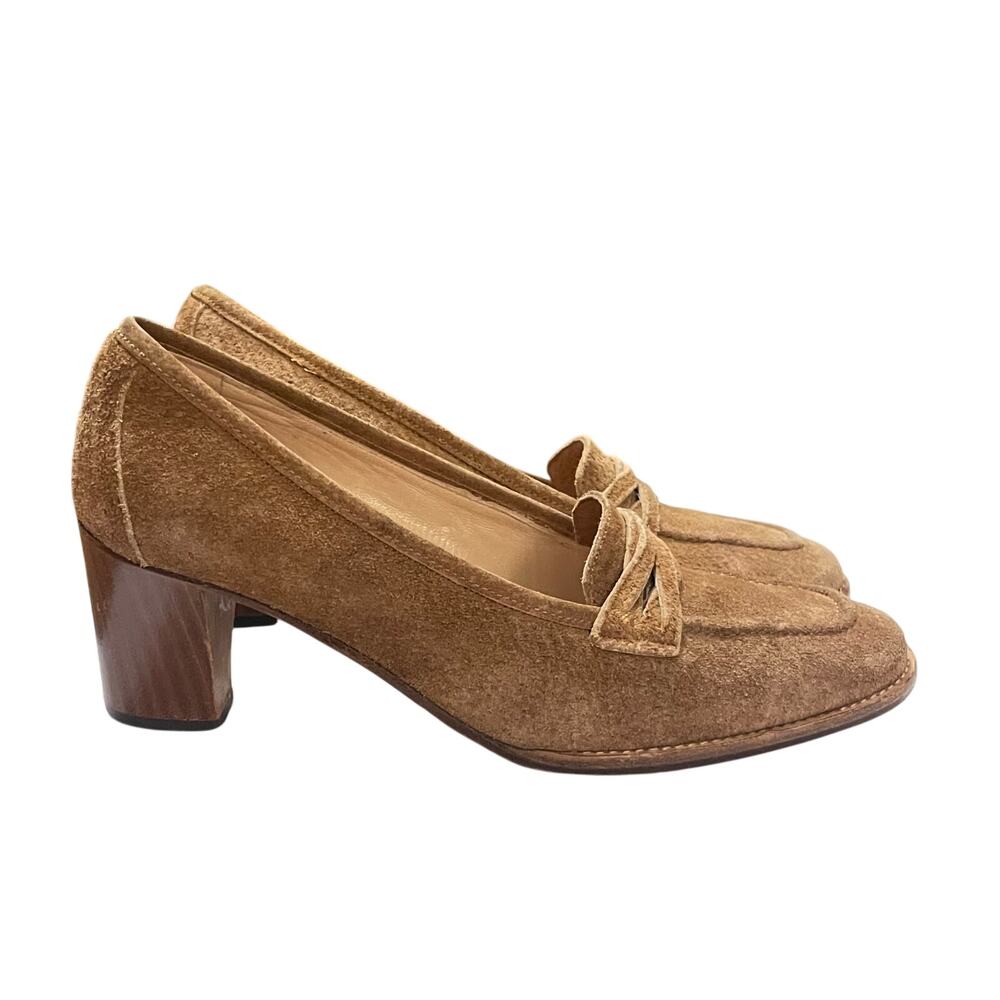 Salvatore Ferragamo Size 4.5B Brown Suede Block Heel Loafers Pumps Made in Italy